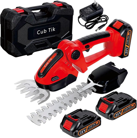 Cordless 2-In-1 Hedge Trimmer And Grass Shears, handheld shrubbery cutter with 5 inch grass blade and 9 inch trimming blade, includes battery and charger, lightweight yard tool with case and accessories.