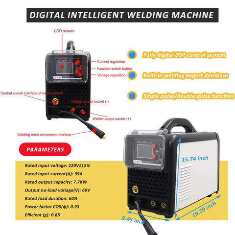 Digital intelligent welding machine highlighting features and dimensions, part of Spot Weld Dent Puller for Aluminum Auto Bodies with Pro Workbench.