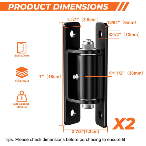Front view of PICURA 7-inch heavy-duty gate hinge, black steel, wall-mount, 1100 lb capacity, 2-pack