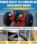 Heavy Duty Electric Stair Climbing Hand Truck With 660lb Capacity And Folding Design for moving on concrete, marble, metal, and wood stairs.
