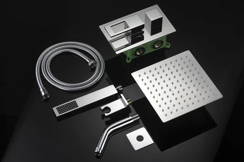 Polished Chrome Shower System With 8 Inch Rain Shower Head And Handheld, Wall Mounted Spa Vibe Shower Faucet Set components on black background