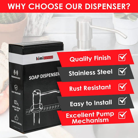 Box of Multipurpose Kitchen Sink Soap Dispenser in Brushed Nickel with Stainless Steel Pump Replacement, countertop view.