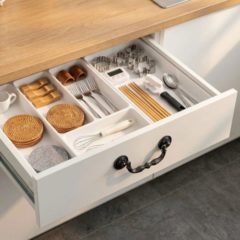 Open kitchen drawer with organizer, featuring Four Pack Retro Drop Bail Drawer Pulls With Screws Black Finish Large Size L
