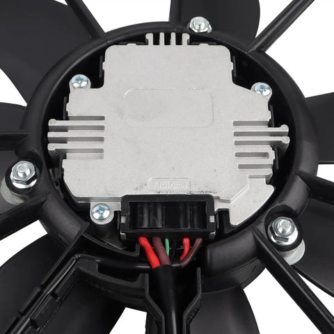 Close-up of Top Tier Engine Radiator Cooling Fan Slick Replacement For Vw Jetta Passat Golf Tiguan And Audi with connector and blades