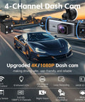 All Around 360 Degree Dash Cam With Front Rear Inside And Side Lenses, 4K Front And Three 1080P Feeds shown with features