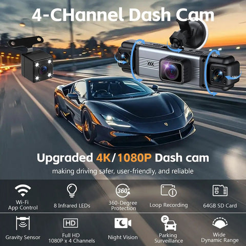 All Around 360 Degree Dash Cam With Front Rear Inside And Side Lenses, 4K Front And Three 1080P Feeds shown with features