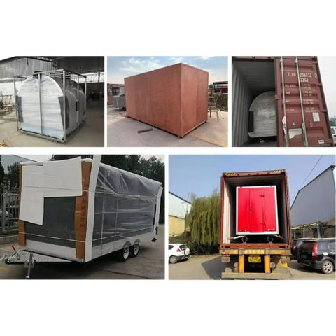 Custom Built Food Trailer With Flexible Layout Designed To Hit The Road for busy markets, shown from multiple angles during shipping process.