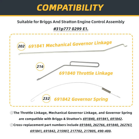 Throttle Linkage And Mechanical Governor Linkage And Governor Spring 3 Piece Set For Briggs And Stratton Engine Control Assemblies 691840 691841 691842 31P777 0299 E1 Replacement Kit, three metal parts