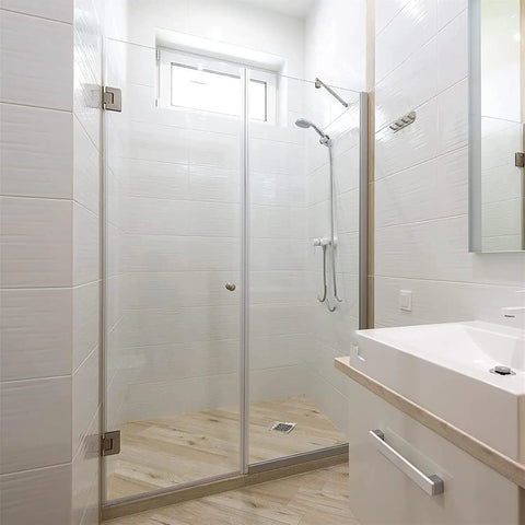 Heavy Duty 304 Stainless Steel Glass Shower Door Hinges For 6 To 12Mm Frameless Glass Door 90 Degree Pair in a modern bathroom.