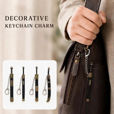 Ancient Sword Letter Opener Set with Sheaths 4 Piece, mini sword keychains on leather bag, showing decorative design and detail