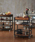 Three Tier Solid Pine and Steel Kitchen Cart with Built In Bottle Rack Industrial Vintage Rolling Utility Shelf Heavy Duty No Nonsense Roomside Storage Organizer, showcasing various items on shelves.