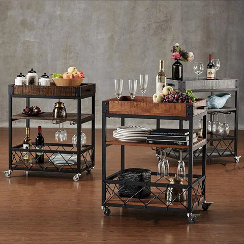 Three Tier Solid Pine and Steel Kitchen Cart with Built In Bottle Rack Industrial Vintage Rolling Utility Shelf Heavy Duty No Nonsense Roomside Storage Organizer, showcasing various items on shelves.