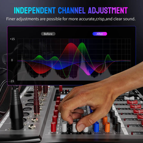Hand adjusting Six Channel DJ Mixer With Bluetooth Streaming And USB Interface, Six XLR Mic/Line Inputs, AUX, FX Processor