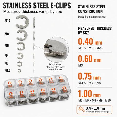 555 Piece Stainless Steel E Clips Set In 12 Sizes M1.5 to M10 with Clear Organizer Box showing size comparison and thickness details