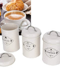 Boost Your Pantry Game With This Three Piece Airtight Kitchen Storage Jar Set Crafted From Thick Powder Coated Iron. White jars for sugar, tea, coffee.