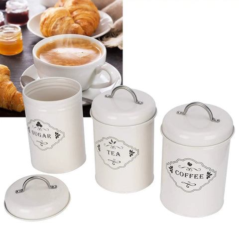 Boost Your Pantry Game With This Three Piece Airtight Kitchen Storage Jar Set Crafted From Thick Powder Coated Iron. White jars for sugar, tea, coffee.