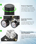 Air Compressor Pressure Switch With Four Port Regulator Gauge 90-120 Psi Cut In Cut Out Easy To Install One Quarter Inch NPT Thread Beefy Durable Quick Connect Valve For DIY Projects And Pro Shops, showing pressure regulation dial, dual precision gauges, and sturdy construction details.