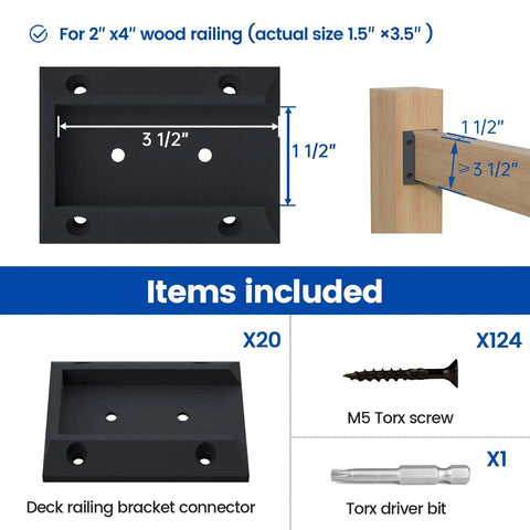 All In One Deck Railing Brackets Kit For 2x4 Wood Posts 1.5 In By 3.5 In Rails Includes 20 Brackets And 124 Screws Handrail Fence Cable Railing Stairs WT11 parts display