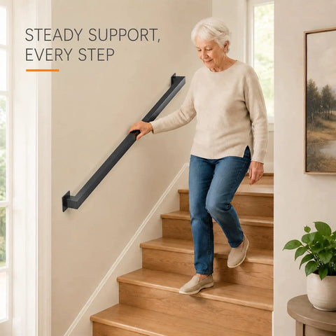 Dead Tight Six Foot Industrial Pipe Hand Rails For Indoor Stairs And Outdoor Decks Featuring Sleek Matte Black Finish with woman using hand rail on stairs.