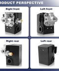 Two Stage Air Compressor Pressure Switch with unloader, right and left front and rear views, for 2340 2475 2545 and 7100 series.