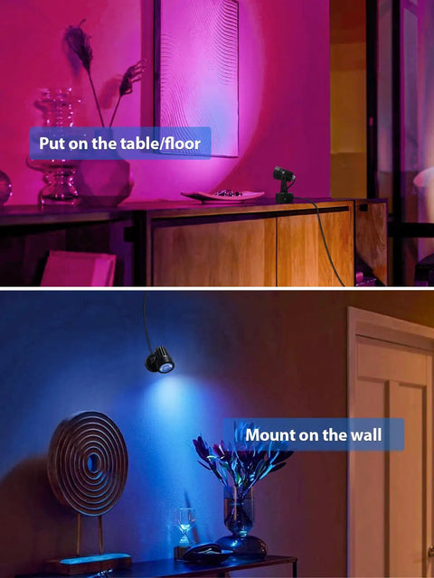 Indoor LED Spotlight 3W Accent Light for Plants and Artwork, 120V with base setup on table and wall mount in living room.