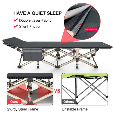 Heavy Duty Camping Cot For Adults No Fuss Setup Portable Folding Bed with double layer fabric and sturdy steel frame