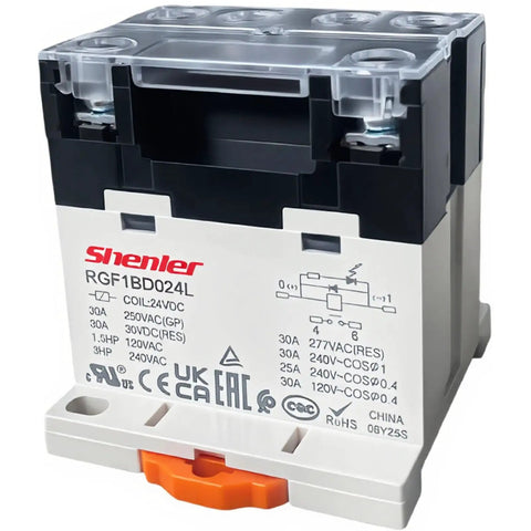 Pro Grade DIN Rail Power Relay 30A 277VAC 30VDC 1NO SPST, 24V DC Coil, LED Indicator, Screw Terminal, TS35 Mount industrial relay