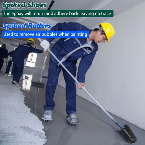 Worker using 9 Inch Spiked Screed Roller With Handle For Self Leveling Concrete And Epoxy Floors Half Inch Teeth Height Includes Spiked Shoes No Fuss Leveling Tool For Epoxy Flooring Cement Floors And Screed Compound Roller