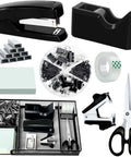 Black Office Supplies Set With Desk Drawer Organizer And All In One Desk Kit Including Stapler Tape Dispenser Tape Staple Remover 1000 Staples 200 Paper Clips 20 Binder Clips Scissors 100 Sticky Notes Must Have displayed.
