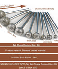 One Eighth Shank Diamond Grinding Burr Ball Shape Bits Set Of 15 Pro Grade Coarse 36 Grit For Stone Carving DIY Polishing Tools