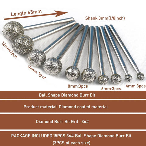 One Eighth Shank Diamond Grinding Burr Ball Shape Bits Set Of 15 Pro Grade Coarse 36 Grit For Stone Carving DIY Polishing Tools