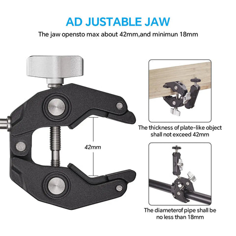 Heavy Duty Clamp Mount With 360 Degree Ballhead, Magic Arm And Double Ball Head showing adjustable jaw open to 42mm