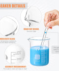 Hand stirring blue liquid in 250ml beaker from Glass Beaker And Graduated Cylinder Kit With Stirring Rod, Borosilicate Lab Glassware Set.