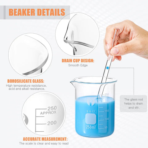 Hand stirring blue liquid in 250ml beaker from Glass Beaker And Graduated Cylinder Kit With Stirring Rod, Borosilicate Lab Glassware Set.