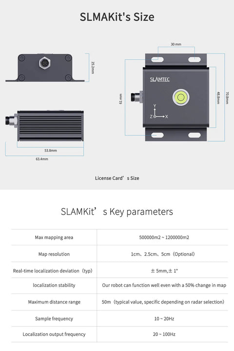 RPLidar SLAMKit License Card dimensions and parameters for Series A1M8 A2M12 C1 S2 S3 A2M8 Developer Edition.