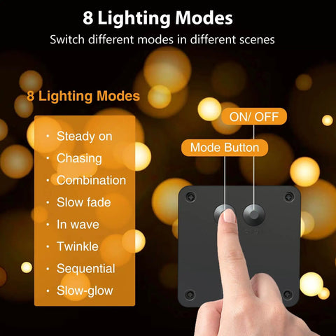 Control box showing 8 lighting modes for Six Pack Solar String Lights Outdoor Waterproof 157Ft Total With 480 LED Warm White Copper Wire Twinkle Lights