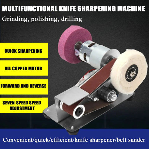 Pro Grade Mini Belt Sander Knife Sharpener With Seven Speed Settings To Nail Diy Woodworking Metal Grinding And Jewelry Polish, showcasing all-copper motor and sanding components.