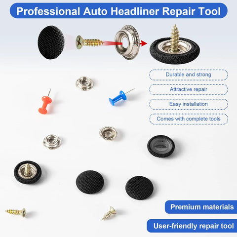 Universal Car Roof Headliner Repair Kit With 262 Piece Set Including Push Pin Fasteners And Screwdriver For Hassle Free Diy Sagging Interior Liner Fix On Most Rigs And Rides In Black, showing fasteners and tools.