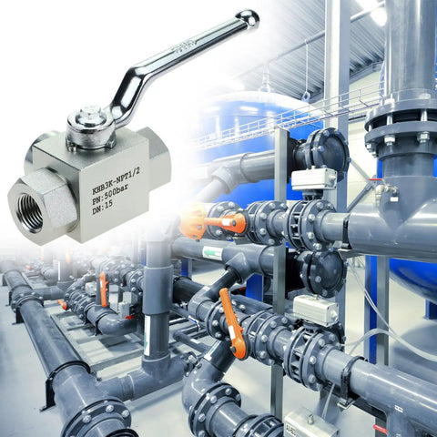 Three Way High Pressure Hydraulic Ball Valve One Half Inch NPT Female Connections 7250 PSI For Controlling Water Oil And Gas Flow Direction In Industrial Systems Heavy Duty And Rugged, installed in an industrial piping system.