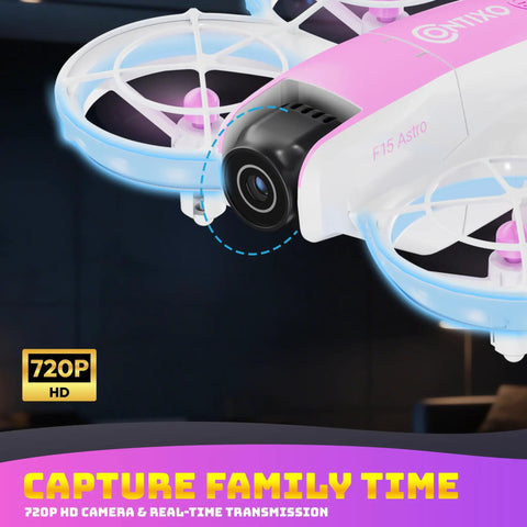 Close-up of Compact Mini Drone With Built In Two Point Four Inch Screen Remote No App Needed 720P Dual Camera And Real Time Live Video Optical Flow Hover One Key Takeoff And Landing 360 Degree Stunts Two Batteries Easy Beginner Drone For Grownups with camera lens.