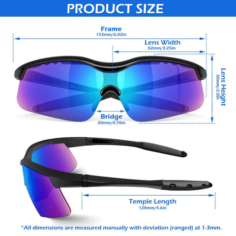 Six Pack ANSI Z87.1 Safety Glasses with Mirror Lenses UV Protection Black Frame Detailed Size Dimensions