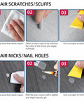 No Fuss Wood Filler Sticks Kit Featuring Three Practical Gray Tones For Swift Furniture Touch Ups illustrated repair steps for scratches and nail holes.