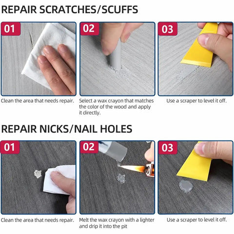 No Fuss Wood Filler Sticks Kit Featuring Three Practical Gray Tones For Swift Furniture Touch Ups illustrated repair steps for scratches and nail holes.