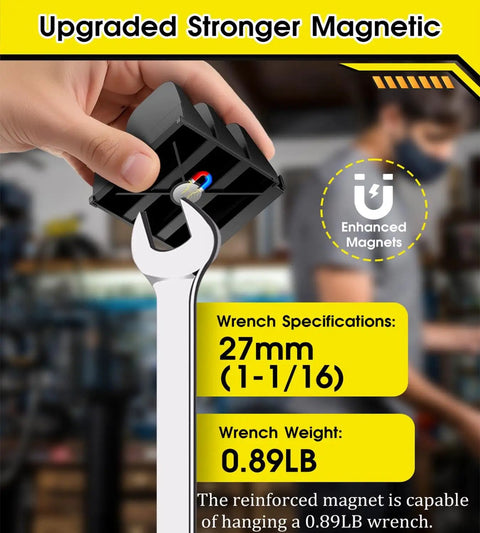 Close-up of a hand holding a part of the Magnetic Wrench Organizer Set For Tool Box, showing wrench specifications.