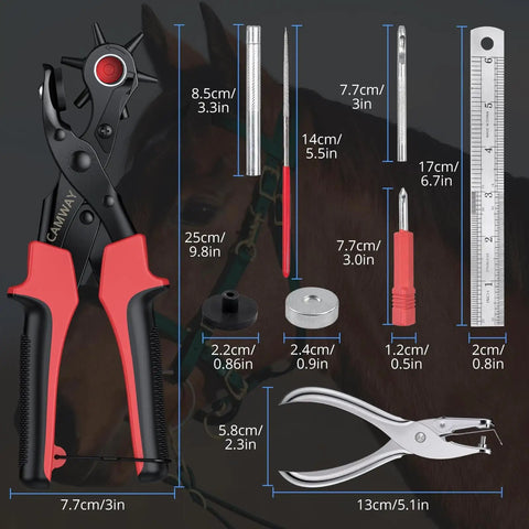 Leather Hole Punch Kit With 6 Size Revolving Punch Plier All In One Pro Grade Quality Includes 240 Rivets And Double Cap Rivet Tool