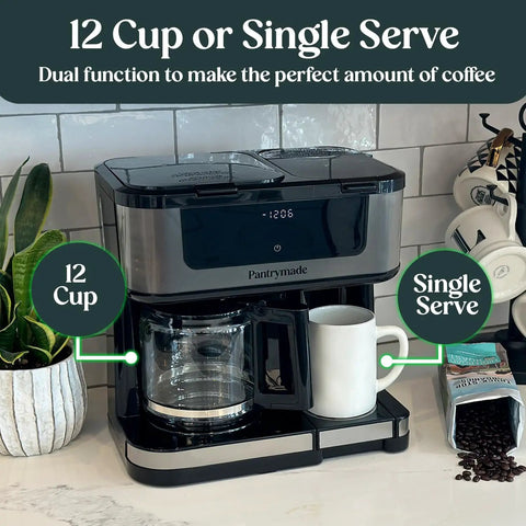 Dual Brew Coffee Maker With 12 Cup Glass Carafe And Single Serve Pods Programmable Touchscreen For Ground Coffee Or K Cup Auto Shut Off Black on kitchen counter