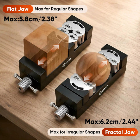 Kickass Smart Fractal Mini Bench Vise With Self Adjusting Dual Jaw Precision Clamp For Drill Press Circuit Boards Pipes And Odd Parts A Hella Useful Diy Workbench Staple showcasing flat and fractal jaws gripping wood pieces.