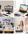 User on desktop with Fresh 1080P Full HD Webcam For Pc With Built In Mic And Privacy Slide Cover Slick Auto Focus.