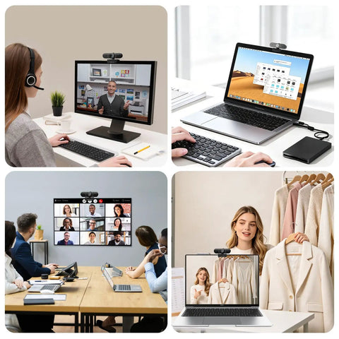 User on desktop with Fresh 1080P Full HD Webcam For Pc With Built In Mic And Privacy Slide Cover Slick Auto Focus.