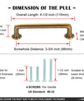 Diagram showing dimensions of antique brass cabinet pulls, 4-1/2 inch length, 3-3/4 inch hole centers, with included screws.